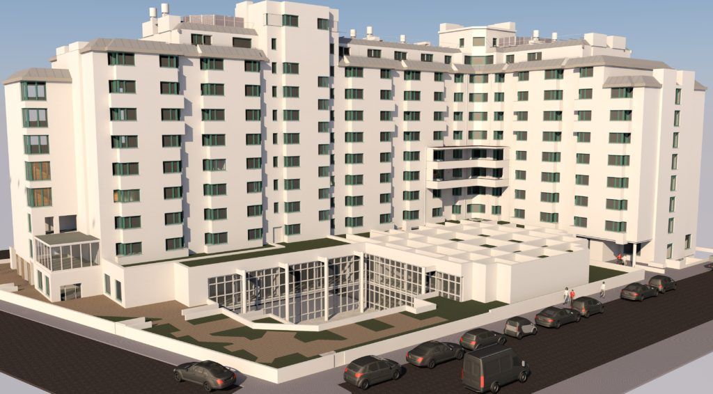 Digitale Architektur-Visualisierung eines großen, mehrstöckigen Wohn- oder Hotelkomplexes mit weißer Fassade, einem flachen Vorbau mit Glasfronten und geparkten Autos an der Straße.