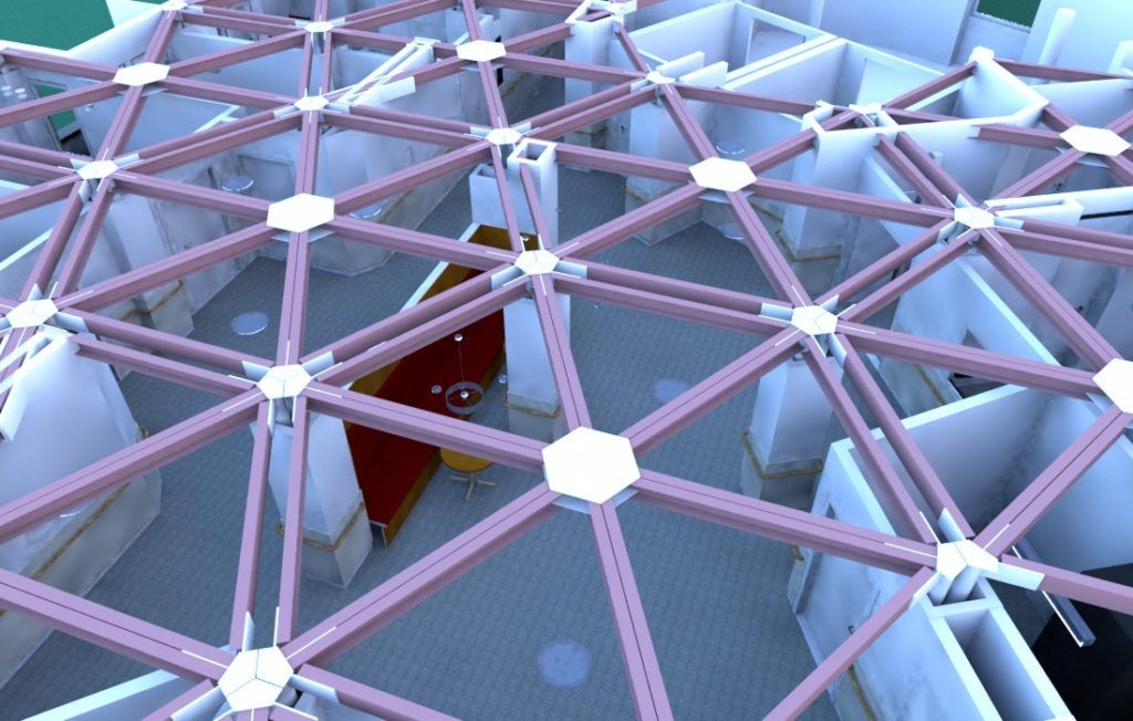 Digitale Architektur-Visualisierung einer offenen Innenraum-Struktur aus der Vogelperspektive, überspannt von einer geometrischen Deckenkonstruktion aus rosa-grauen Streben und weißen Knotenpunkten.