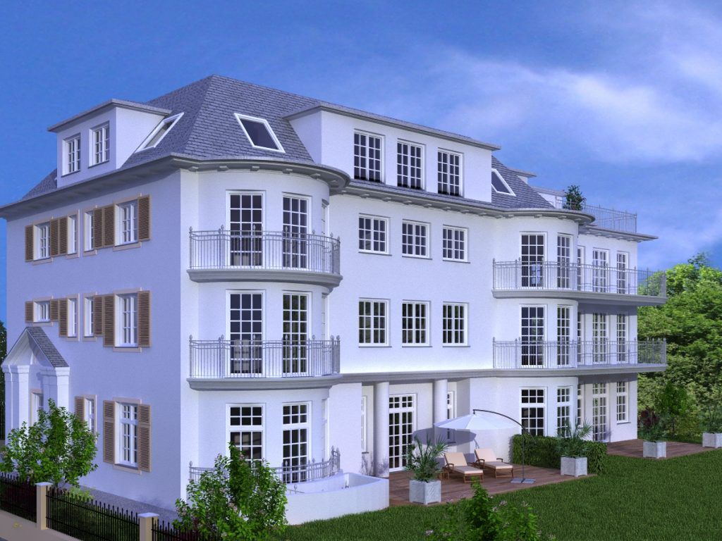 3D-Architekturvisualisierung eines exklusiven, weißen Mehrfamilienhauses im klassischen Stil mit Mansarddach, runden Balkonen und Gartenbereich.