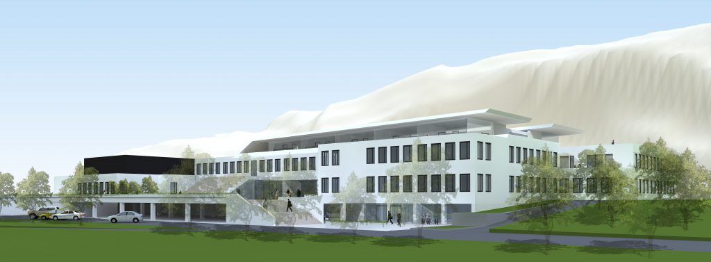 3D-Architekturvisualisierung eines modernen, langgestreckten Bürogebäudes in Weiß mit Flachdach, großen Fensterfronten und einem Berghang im Hintergrund.