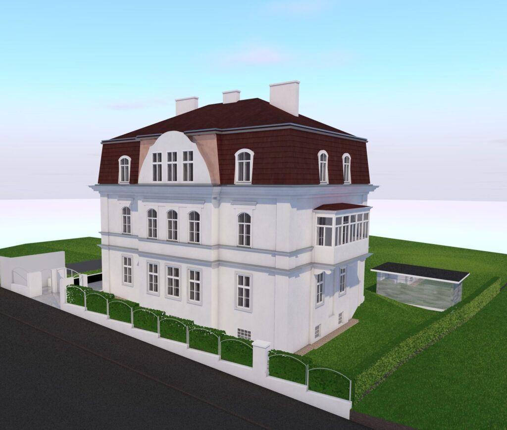 Mehrstöckiges weißes Wohnhaus mit braunem Mansarddach, umgeben von grünem Garten und weißem Zaun