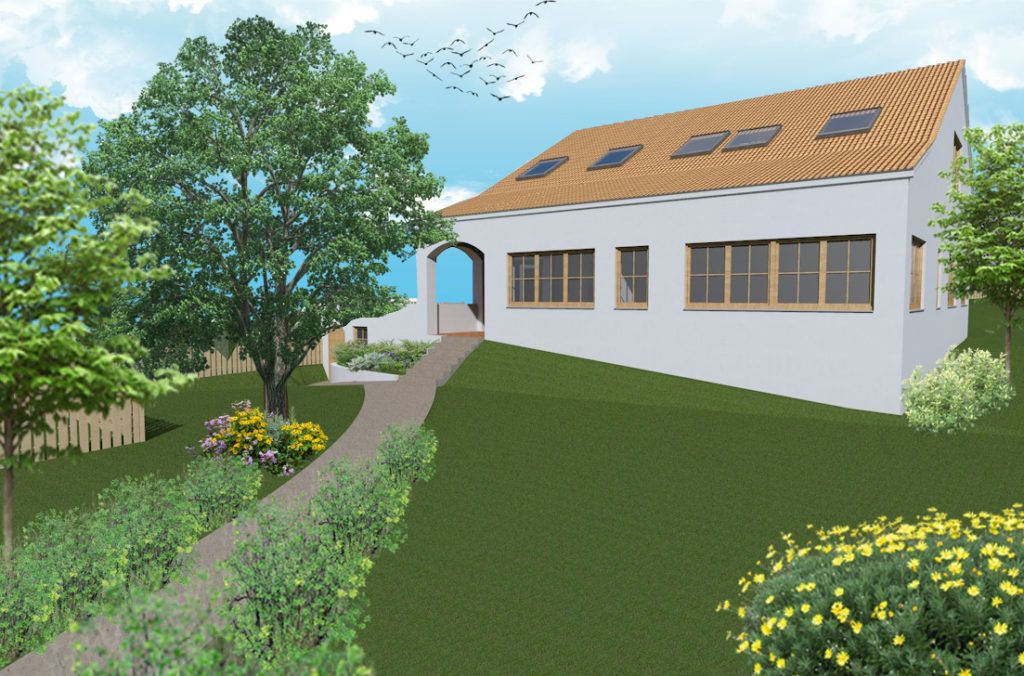 Digitale Architektur-Visualisierung eines modernen, weiß verputzten Einfamilienhauses an einem grünen Hang, mit Satteldach, großen Holzfenstern und einem geschwungenen Fußweg im Vordergrund.