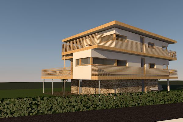 Digitale Architektur-Visualisierung eines modernen, dreigeschossigen Wohnhauses mit Natursteinsockel im Erdgeschoss, weißen Obergeschossen und umlaufenden Holzbalkonen vor blauem Himmel.