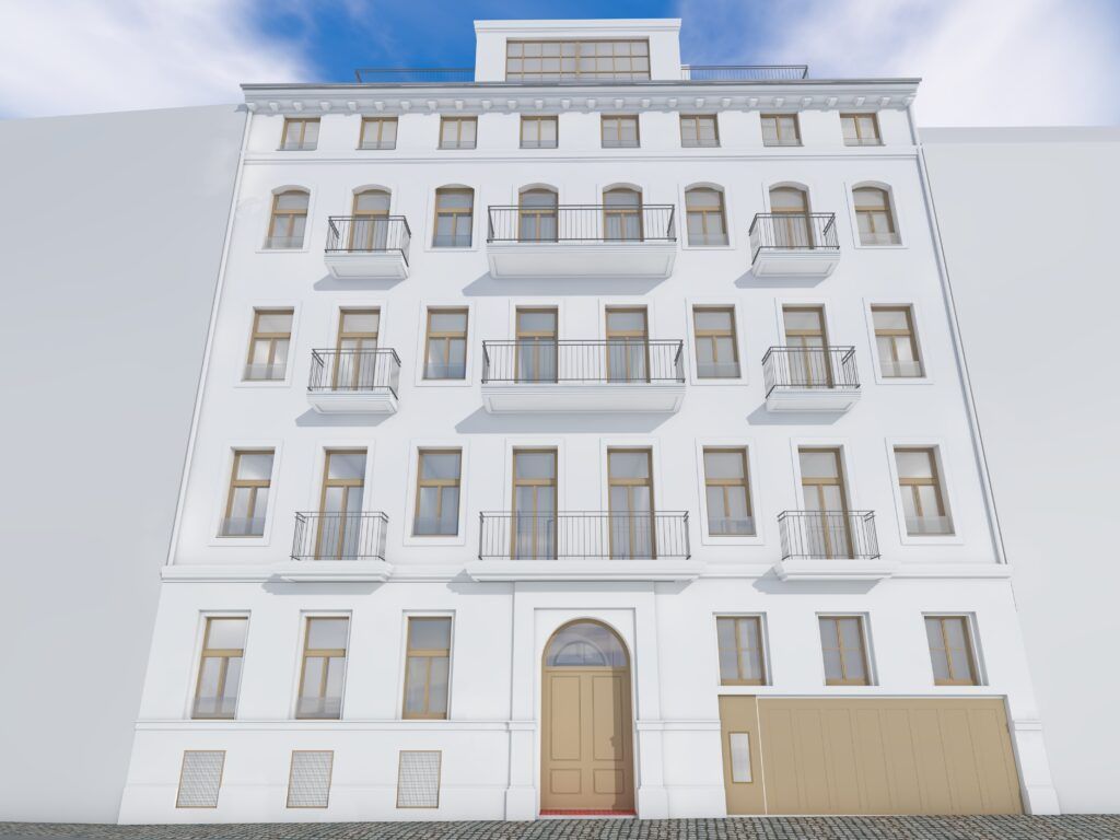 Fassade eines mehrstöckigen Wohnhauses mit mehreren Balkonen und einem großen Eingangstürbereich