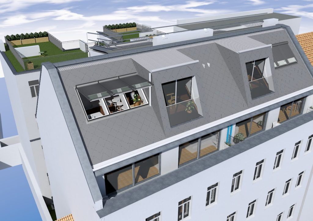 Digitale Architektur-Visualisierung eines mehrgeschossigen Wohnhauses aus der Vogelperspektive mit Fokus auf den modernen Dachausbau samt grauen Dachgauben, großen Fenstern und einer begrünten Dachterrasse im Hintergrund.