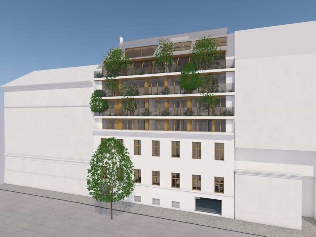 Mehrstöckiges modernes Wohngebäude mit großen Balkonen und mehreren Bäumen auf den Terrassen