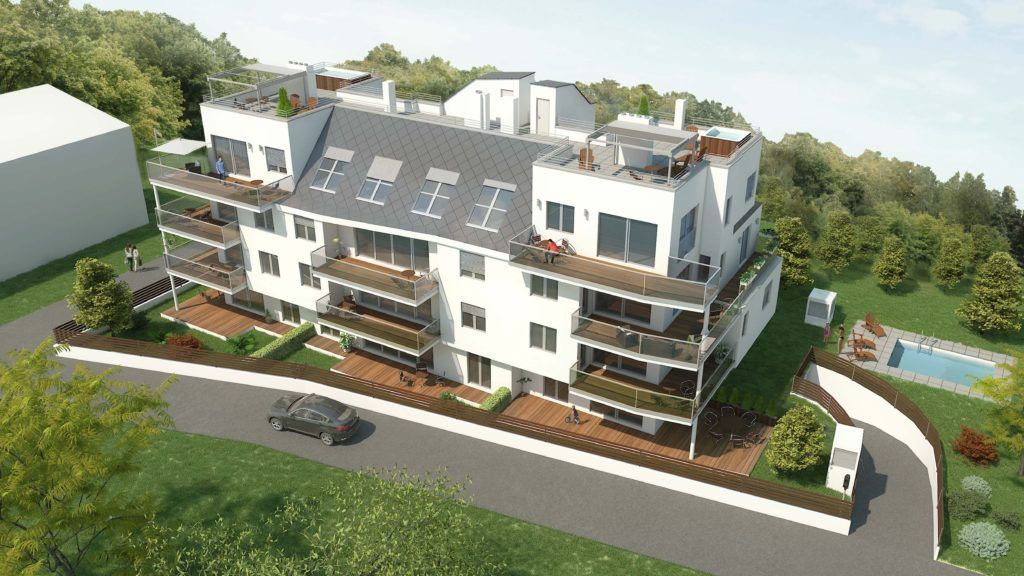 Digitale Architektur-Visualisierung eines großen Mehrfamilienhauses aus der Vogelperspektive mit weißer Fassade, grauer Dachfläche, mehreren Balkonen und Dachterrassen sowie einem Außenpool im angrenzenden Garten.