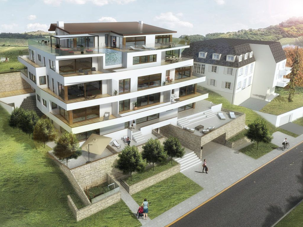Digitale Architektur-Visualisierung eines modernen, terrassenförmig angelegten Mehrfamilienhauses mit weißer Fassade, großen Glasfronten und einem Pool auf der Dachterrasse in Hanglage an einer Straße.